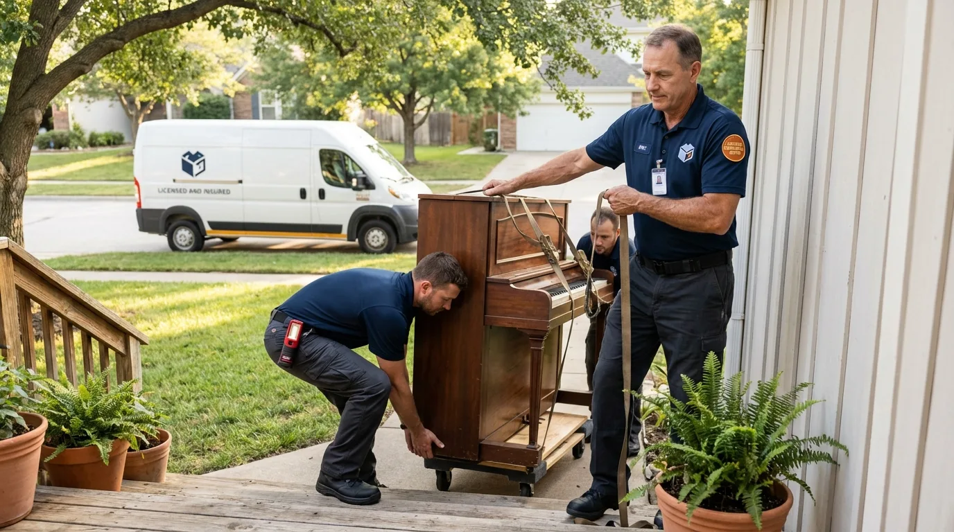 Licensed piano movers securing grand piano in Sugar Grove, IL