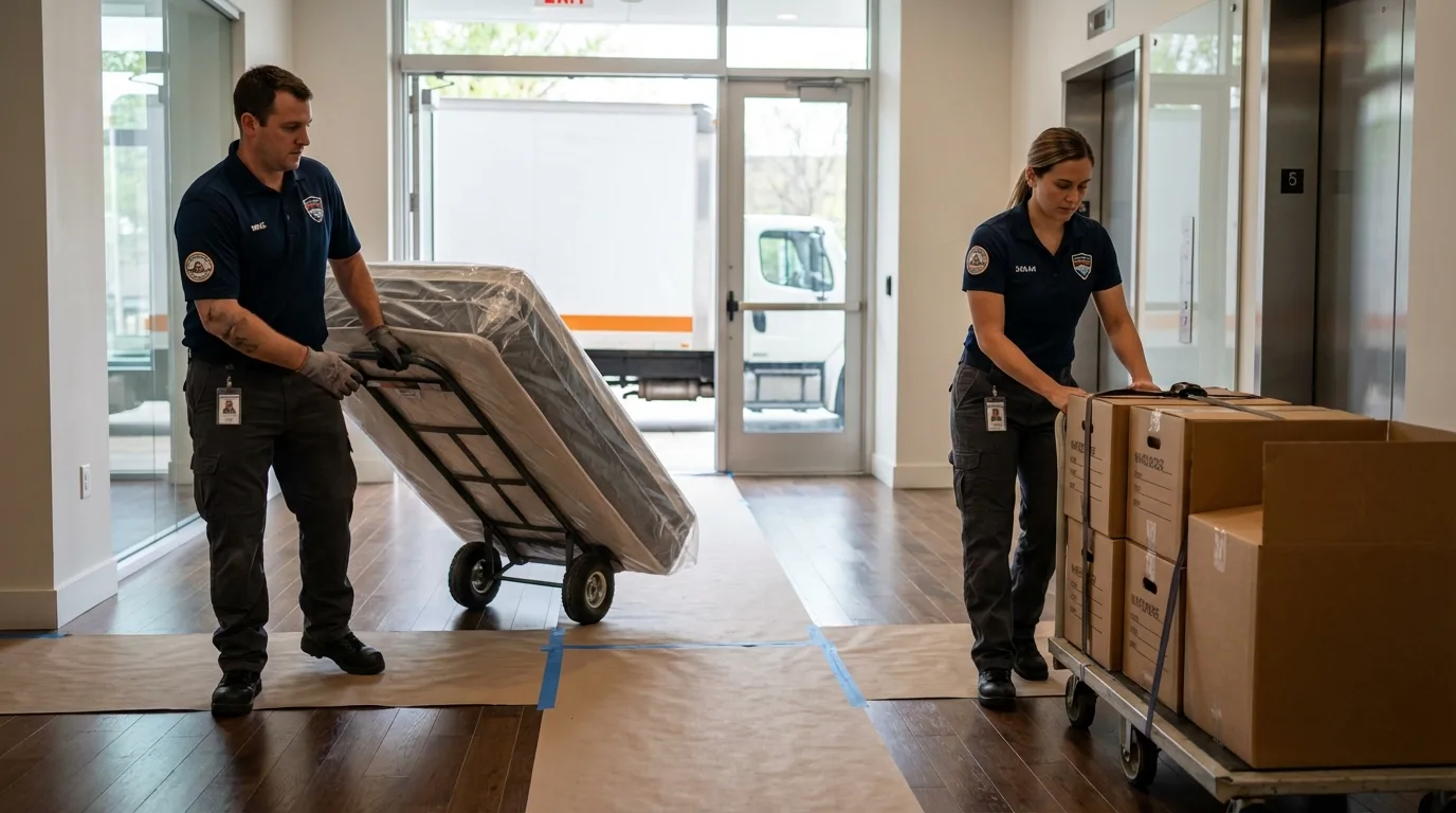 Professional apartment movers loading elevator in Sugar Grove, IL
