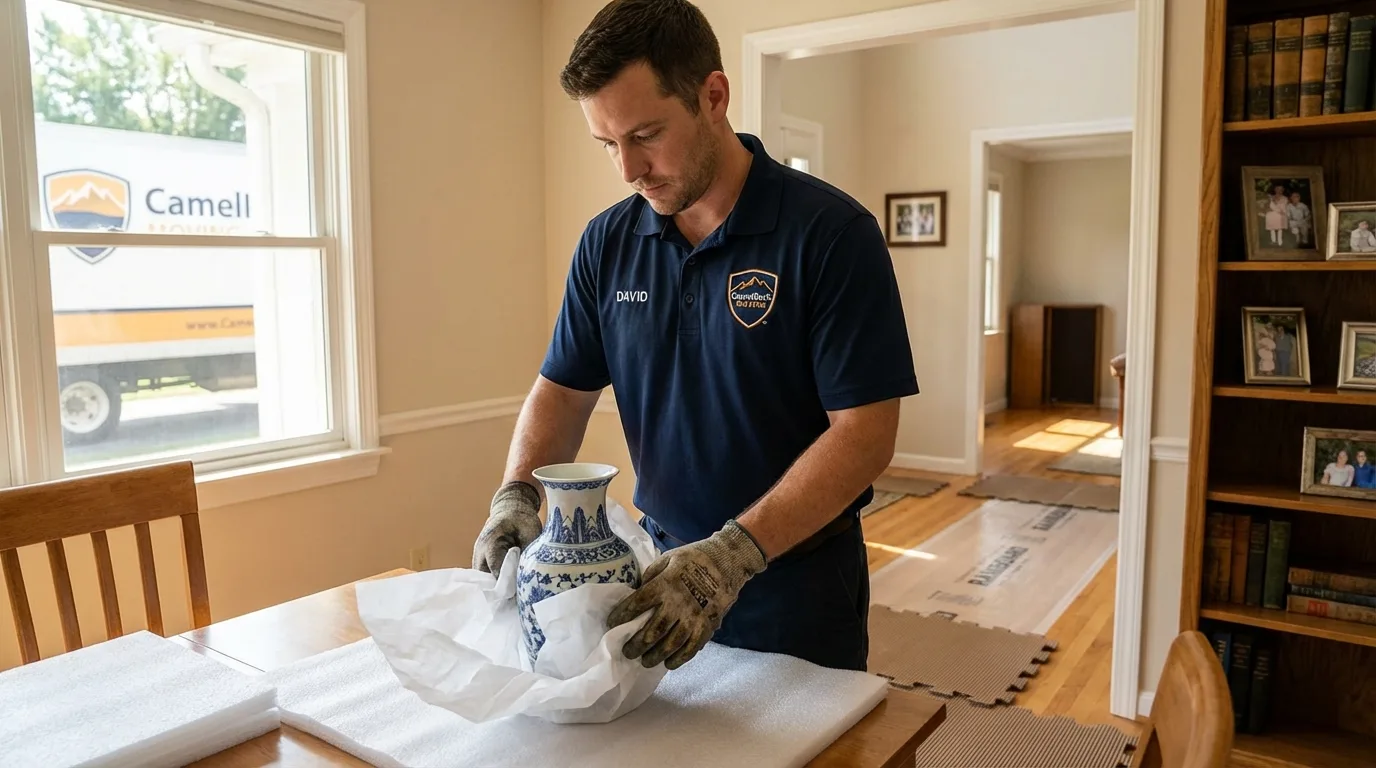 Professional crew carefully wrapping antique vase for senior downsizing move in Sugar Grove, IL